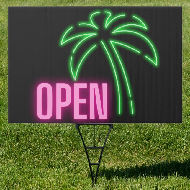 Neon Palm Tree Green & Pink Open Yard  Sign (Insitu)