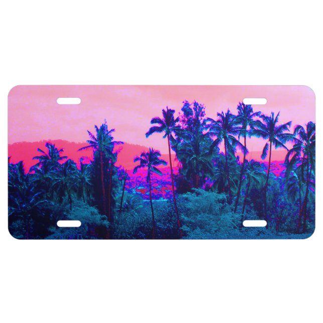 Neon Palm Tree Paradise License Plate (Front)