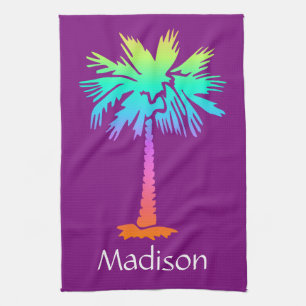 neon palm tree tropical summer purple customizable towel