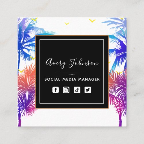 Neon Palm Tree Vacation Theme Qr Code Social Media Square Business Card