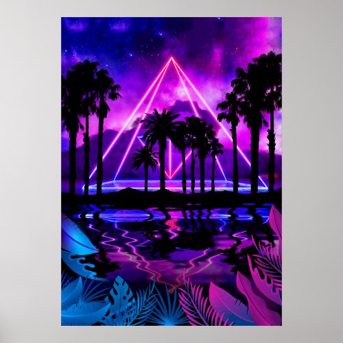 Neon palms landscape Pyramid Poster