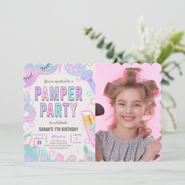 Neon Pamper Spa Party Birthday Photo Invitation (Standing Front)