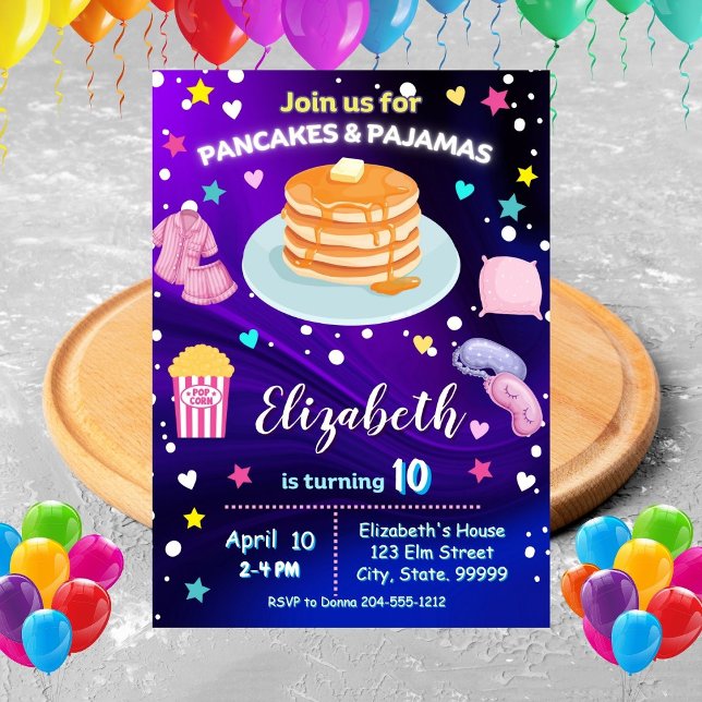Neon Pancakes and Pajamas Birthday Party Invitatio Invitation (Creator Uploaded)