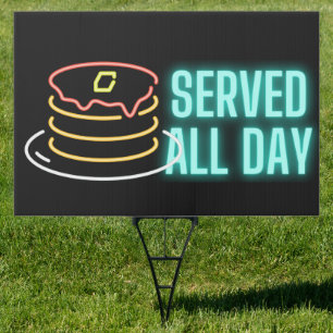 Neon Pancakes Served All Day Outdoor Stake Sign