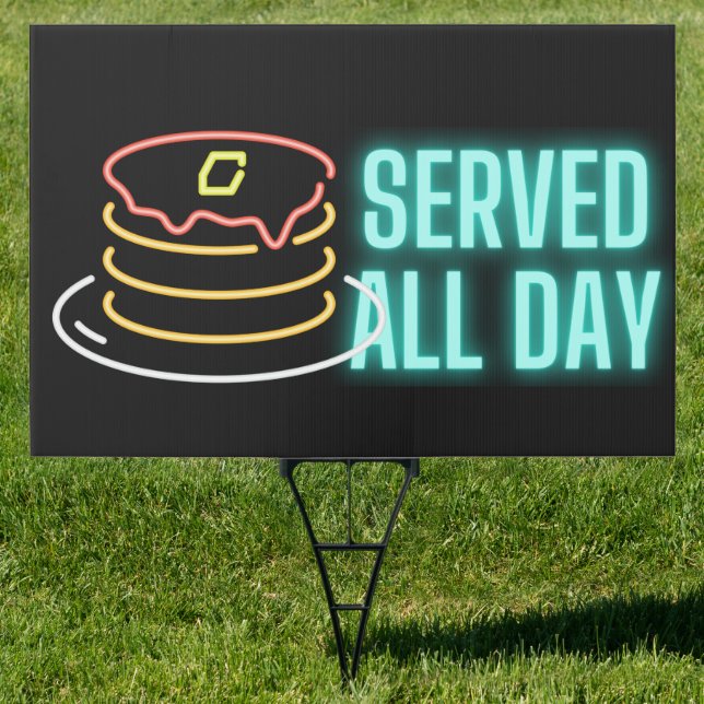 Neon Pancakes Served All Day Outdoor Stake Sign (Insitu)
