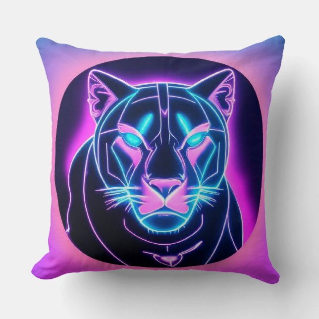Neon Panther Face in Geometric Art Throw Pillow (Front)