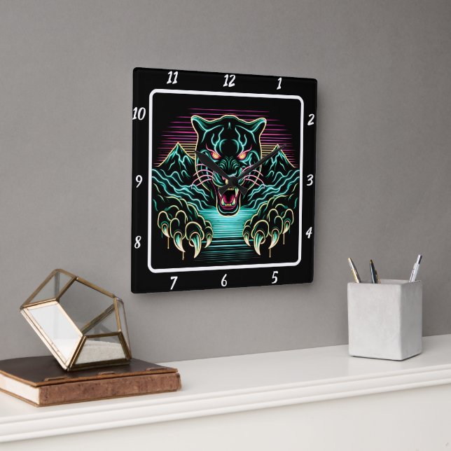 Neon Panther Glow Square Wall Clock (Office)