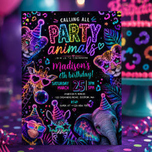 Neon Party Animals Birthday  Invitation
