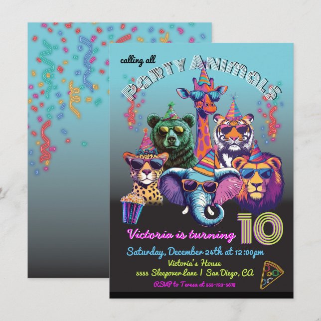 Neon Party Animals Birthday Party Invitation (Front/Back)
