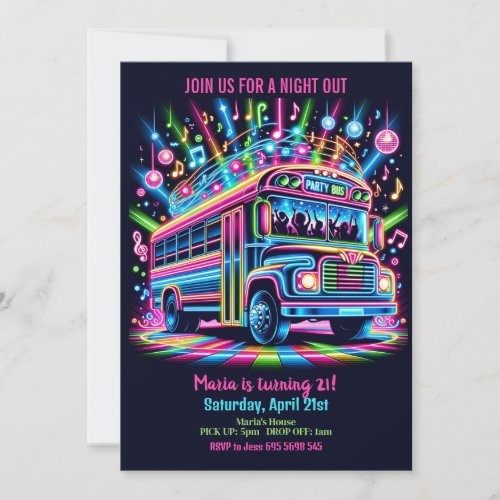 Neon Party Bus 21st Birthday Invitation