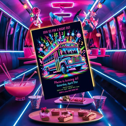 Neon Party Bus 21st Birthday Invitation