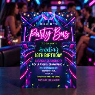 Neon Party Bus Birthday Invitation