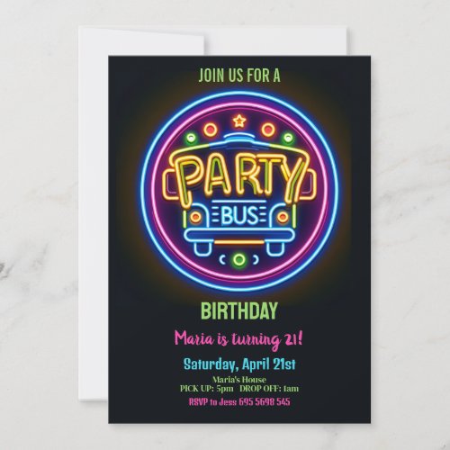 Neon Party Bus Glow Hopping 21st Birthday Invitation