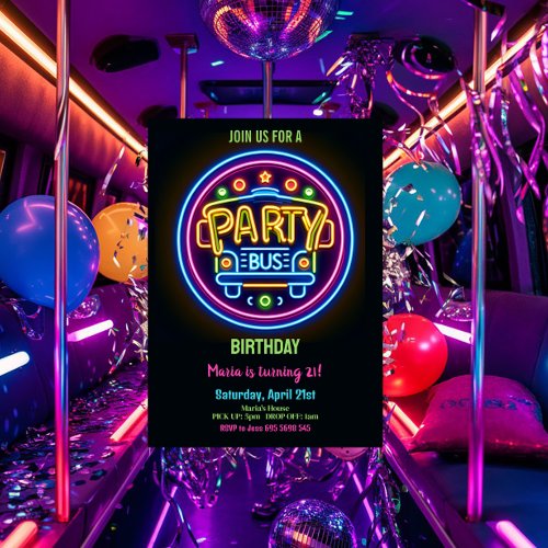 Neon Party Bus Glow Hopping 21st Birthday Invitation
