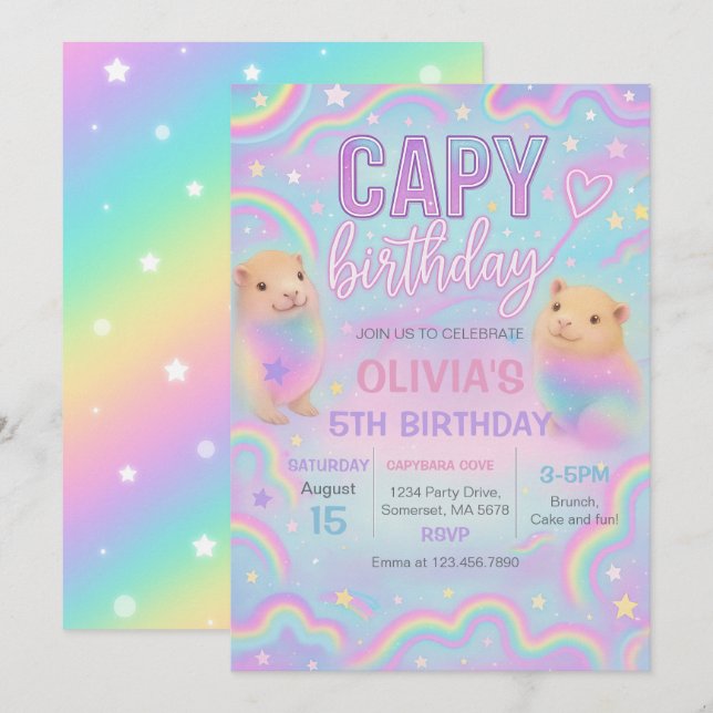 Neon Pastel Capybara Birthday Party Invitation (Front/Back)