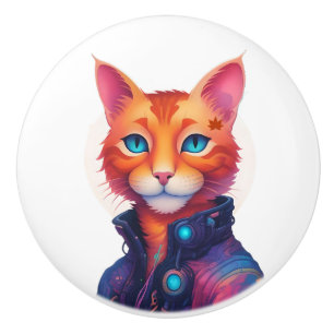 "Neon Paws: The Ginger, Blue-Eyed Cyberpunk Cat" Ceramic Knob