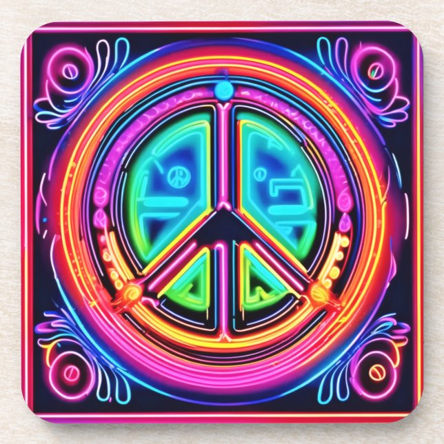 Neon Peace Mandala Beverage Coaster (Front)