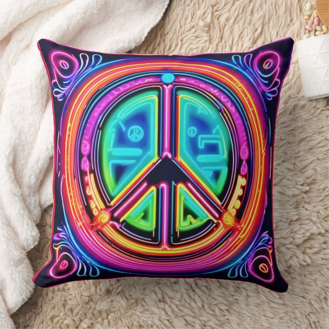 Neon Peace Mandala Throw Pillow (Blanket)