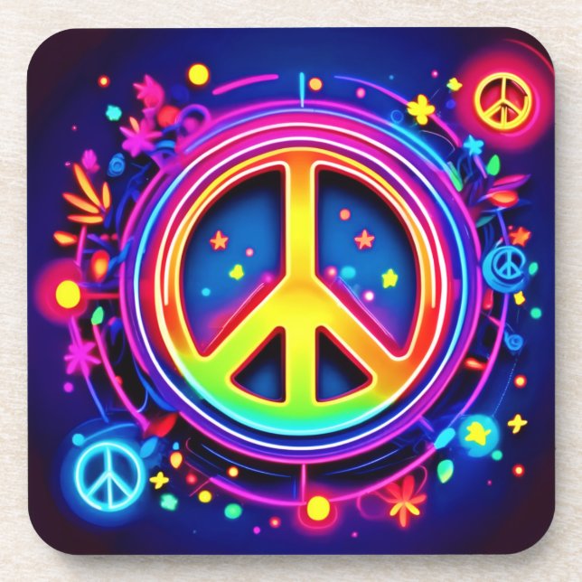 Neon Peace Symbol Art Beverage Coaster (Front)