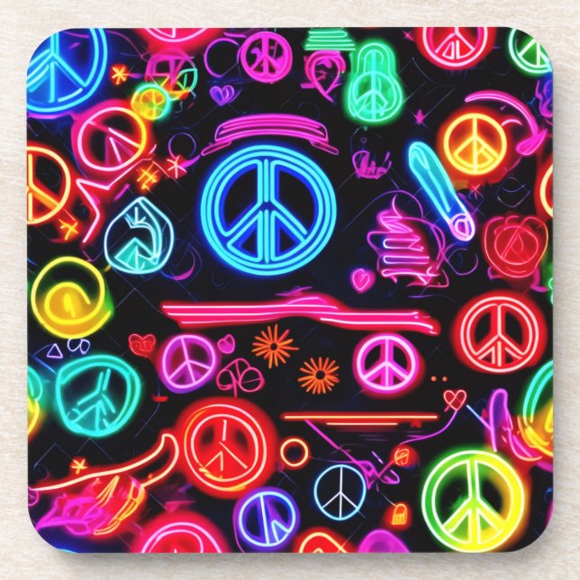 Neon Peace Symbol Patterns Beverage Coaster (Front)