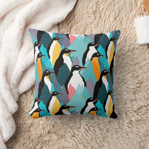 Neon Penguin Allover Pattern Throw Pillow