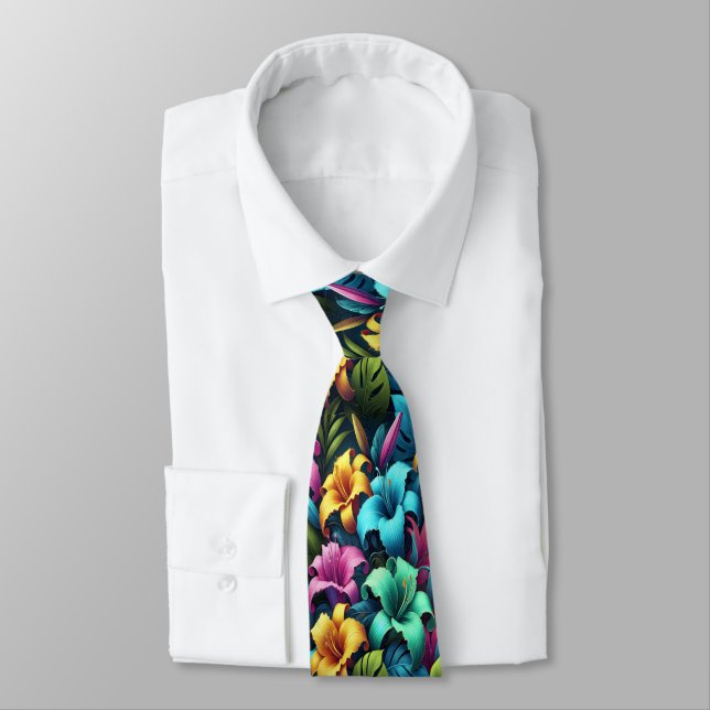 Neon Petals Shine Against Tropical Backdrop Neck Tie (Tied)