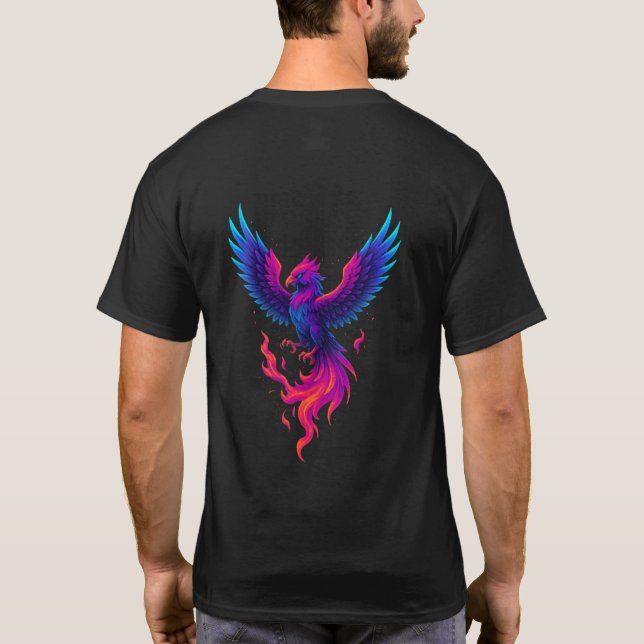 Neon Phoenix Rebirth – Vibrant Mythical Firebird D T-Shirt (Back)