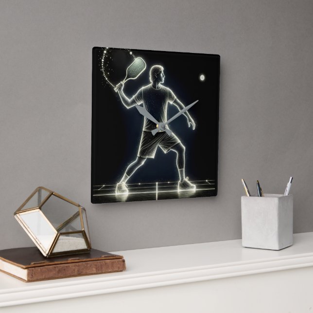 Neon Pickleball Player With Paddle Square Wall Clock (Office)