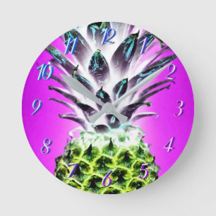 Neon pineapple colorful tropical fruit Hawaiian Round Clock
