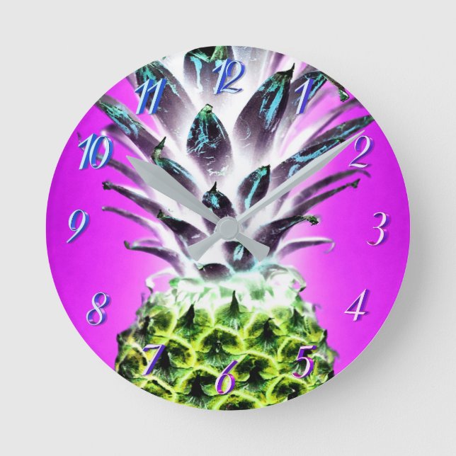 Neon pineapple colorful tropical fruit Hawaiian Round Clock (Front)