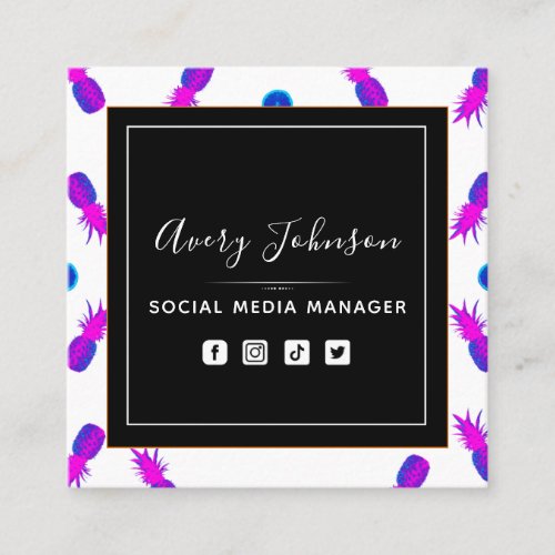 Neon Pineapple Pattern Tropical Summer QR Code Fun Square Business Card