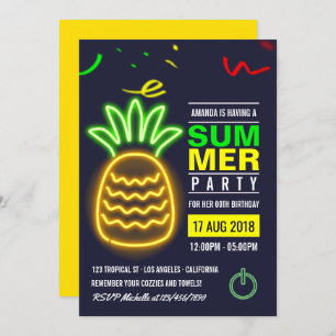 Neon Pineapple Summer Birthday Party Invitation