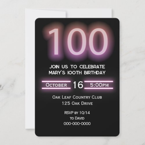 Neon Pink 100th Birthday Party Invitation