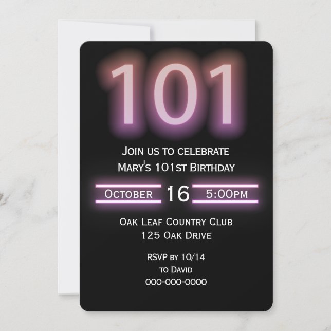 Neon Pink 101st Birthday Party Invitation (Front)