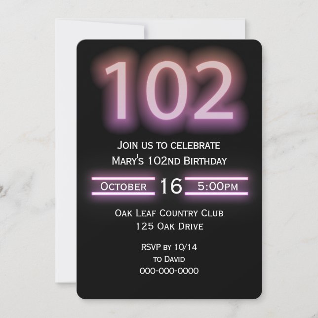 Neon Pink 102nd Birthday Party Invitation (Front)