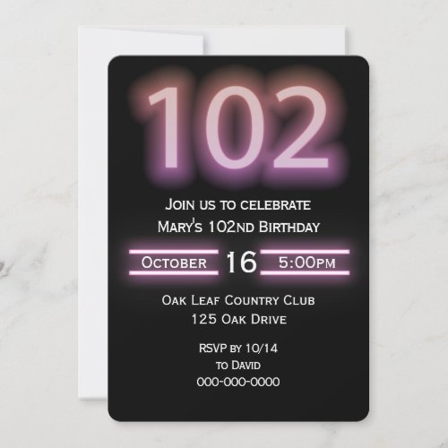 Neon Pink 102nd Birthday Party Invitation