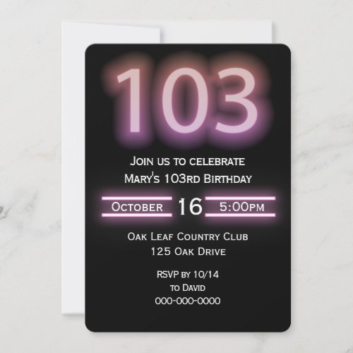Neon Pink 103rd Birthday Party Invitation