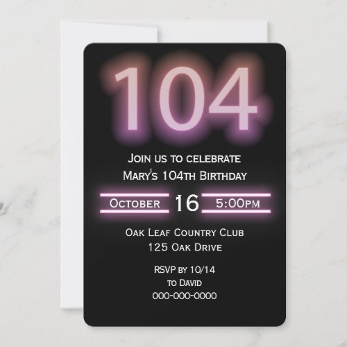 Neon Pink 104th Birthday Party Invitation