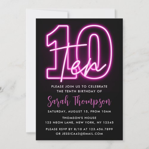 Neon Pink 10th Birthday Invitation