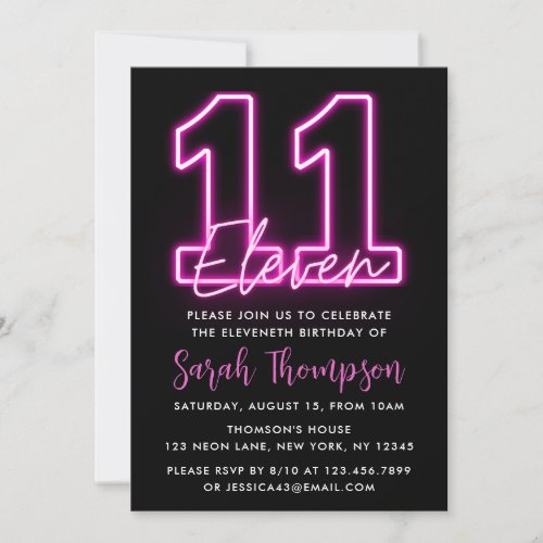 Neon Pink 11th Birthday Invitation