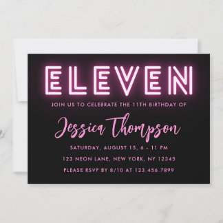 Neon Pink 11th Birthday Invitation