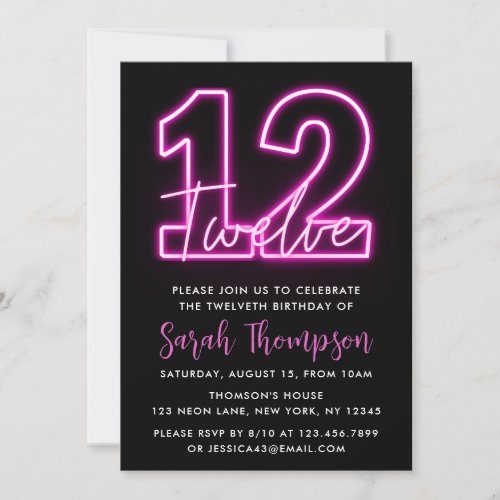 Neon Pink 12th Birthday Invitation