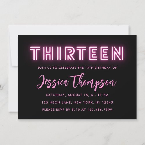 Neon Pink 13th Birthday Invitation