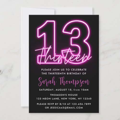 Neon Pink 13th Birthday Invitation