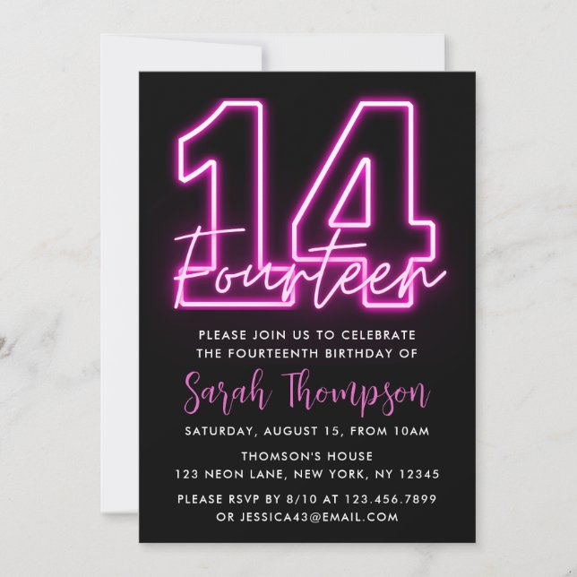 Neon Pink 14th Birthday Invitation (Front)