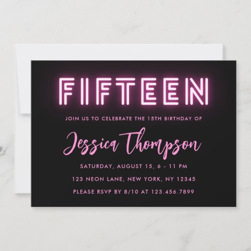 Neon Pink 15th Birthday Invitation