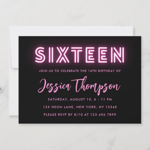 Neon Pink 16th Birthday Invitation