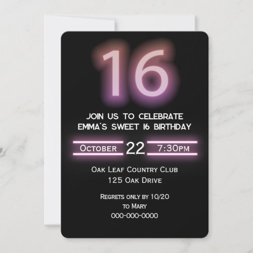 Neon Pink 16th Birthday Party Invitation