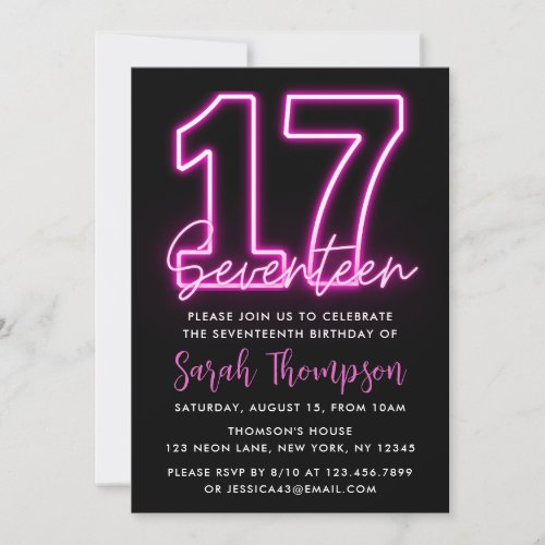 Neon Pink 17th Birthday Invitation