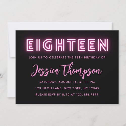 Neon Pink 18th Birthday Invitation